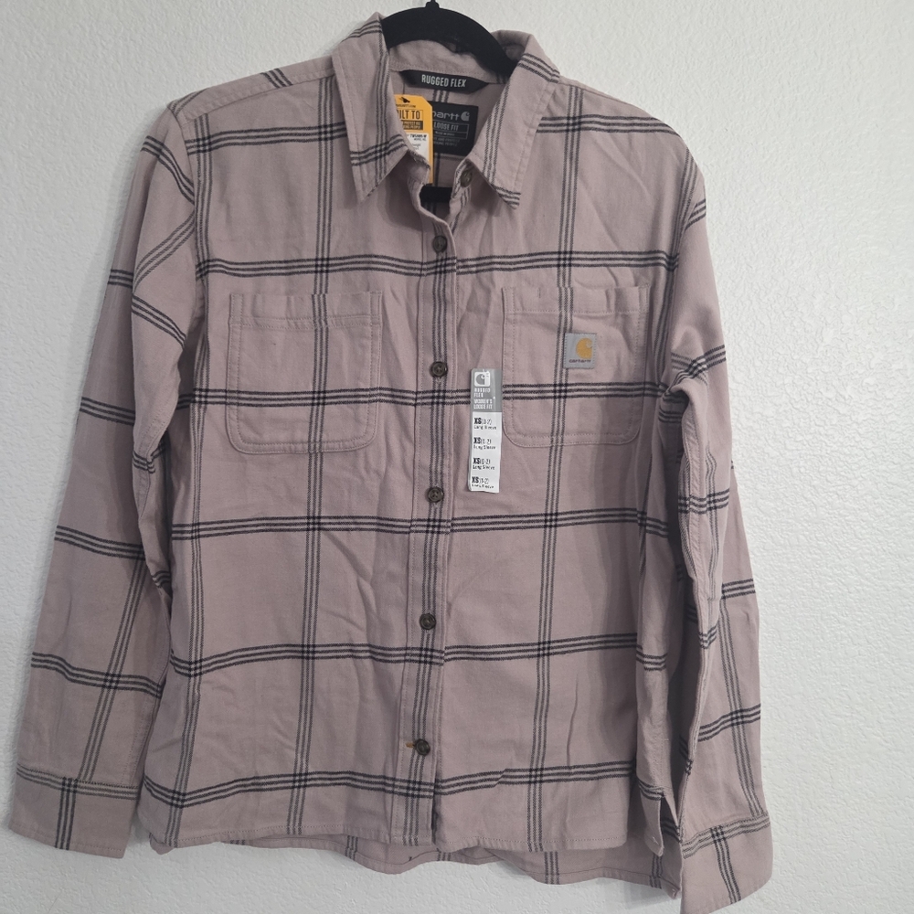 CARHARTT Woman XS Rugged Flex Loose Fit Mink Plaid Mid-Weight Flannel Shirt